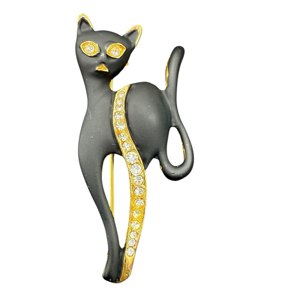 Vintage Black Cat Brooch Pin Matte with Gold Accents & Rhinestone Details